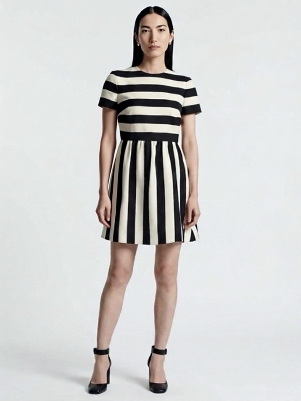 New Valentino Black and White Striped Short-Sleeve Mini Dress